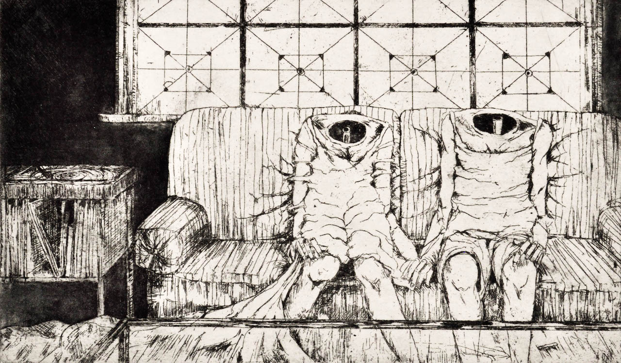 Intaglio print of two headless figures, seated on a couch, holding hands.